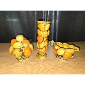 Vtg Inarco Orange Spice Pattern MCM Sugar, Creamer & Vase Set, includes spoon
